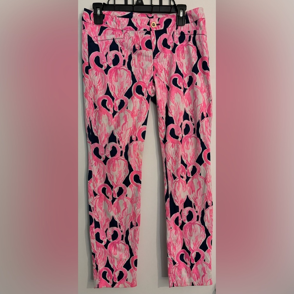 Lilly Pulitizer Womens Kelly Skinny Ankle Pant‎ 6 Fabulous Flamingo Texture Navy